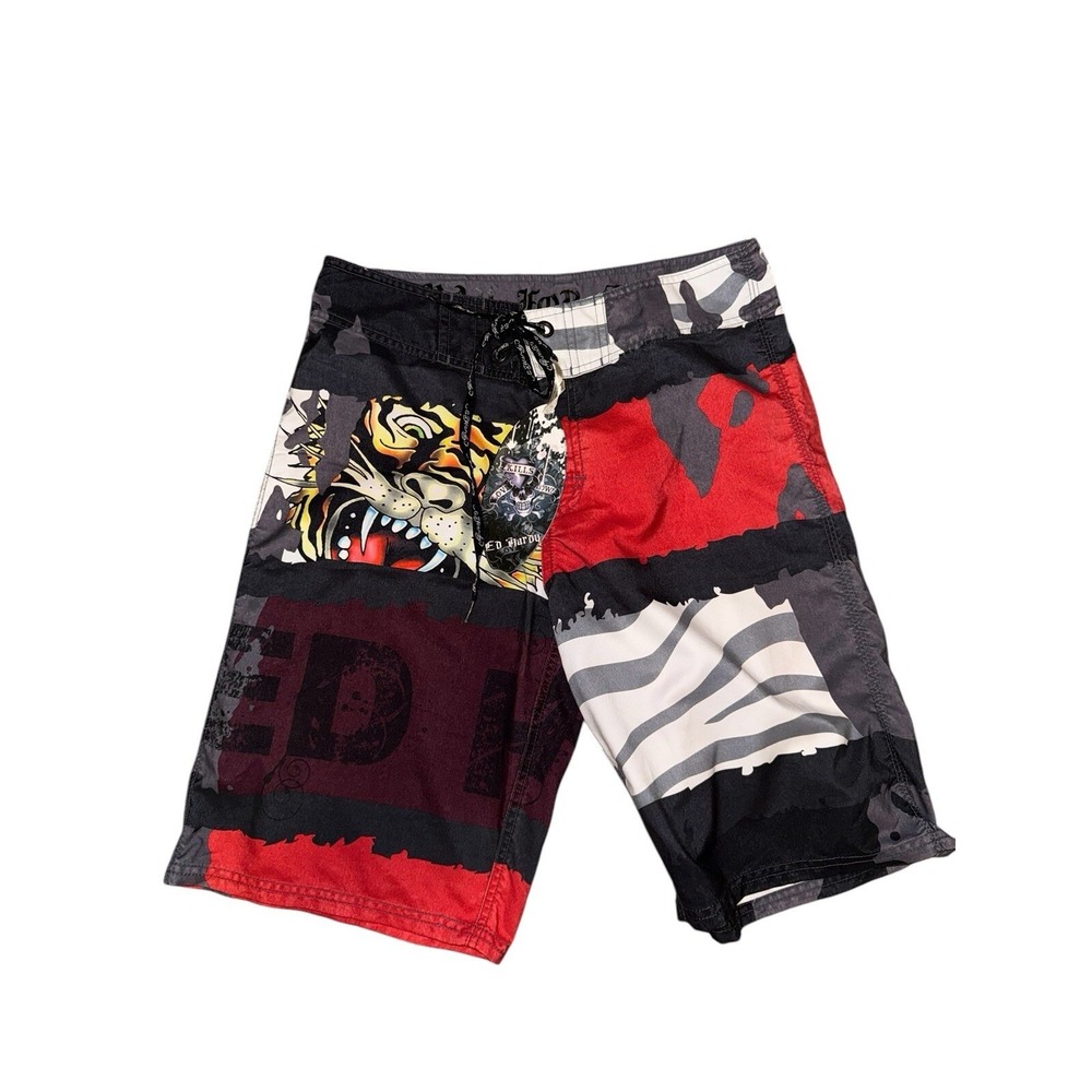 Ed Hardy Board Shorts Mens 31 Red Tiger Tattoo Print Swim Trunks Y2K Distressed